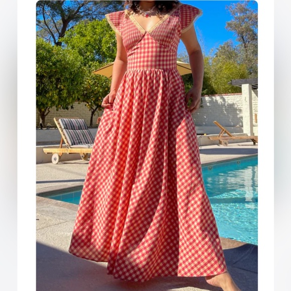 Lisa Says Gah Dresses & Skirts - Lisa Says Gah Red Gingham Maxi Dress with Ruffle Shoulders